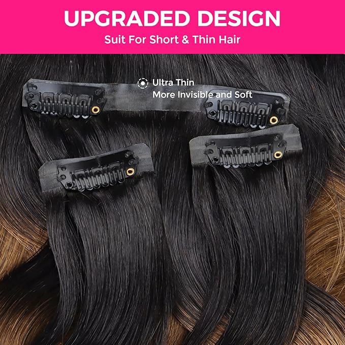 Lashey Seamless Clip in Extensions 110g 7pcs Body Wave Ombre Natural Black to Medium Auburn Clip in Hair Extensions Human Hair 20 Inch Natural Soft Hair Extensions for Women