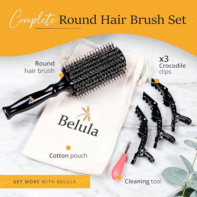Belula Boar Bristle Round Brush for Blow Drying Set. Round Hair Brush With Large 2.7” Wooden Barrel. Hairbrush Ideal to Add Volume and Body. Free 3 x Hair Clips & Travel Bag.