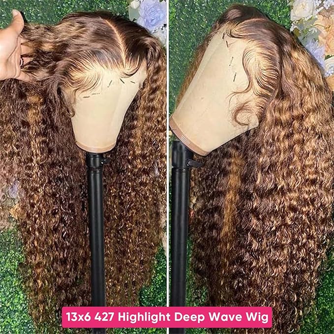 Highlight Ombre Lace Front Wig Human Hair Deep Wave Honey Blonde 4/27 13x6 HD Lace Frontal Wigs Wet and Wavy 200 Density Curly Wigs Human Hair Pre Plucked 28 Inch