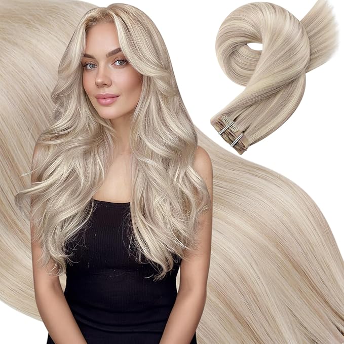 Moresoo Invisible Clip in Hair Extensions Human Hair Ash Blonde with Bleach Blonde Highlights Real Human Hair Extensions Clip ins Long And Thick to Add Volume for Women 135g/7pcs 18in