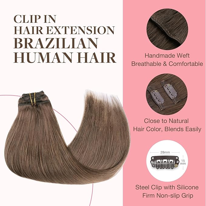 GOO GOO Clip in Hair Extensions Real Human Hair, Remy Human Hair Extensions Clip ins for Women, Natural Human Hair, 22inch 170g 7Pcs, #5 Light Ash Brown