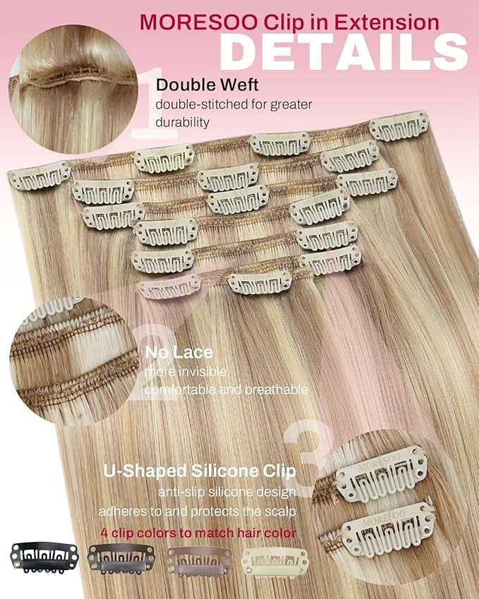 Moresoo Blonde Clip in Hair Extensions Highlights Remy Double Weft Human Hair Clip in Extensions Dark Ash Brown with Golden Blonde Full Head 7pcs 120g 22inch