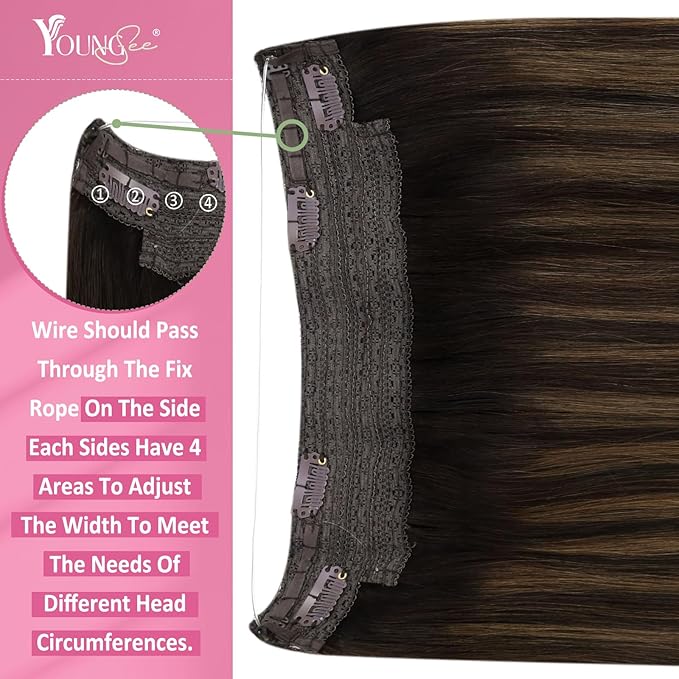 YoungSee Human Hair Wire Extensions Balayage Wire Hair Extensions Real Human Hair Balayage Darkest Brown to Medium Brown Straight One Piece Hair Extensions 18In 80G