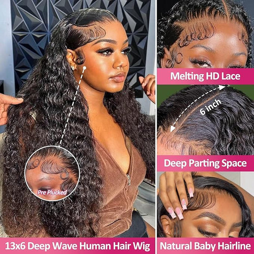 13x6 Lace Front Wigs Human Hair 200 Density Deep Wave HD Lace Front Wigs Human Hair Curly Glueless Wigs Human Hair Pre Plucked 13x6 HD Frontal Lace Front Wigs for Women (32 Inch)