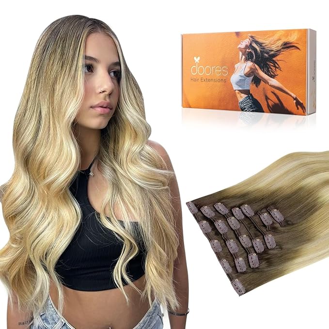 DOORES Hair Extensions Clip in, Light Ash Brown to Light Blonde Highlighted Golden Blonde 18 Inch120g 7pcs, Remy Clip in Human Hair Extensions Natural Hair Extensions Thick Hair Extensions