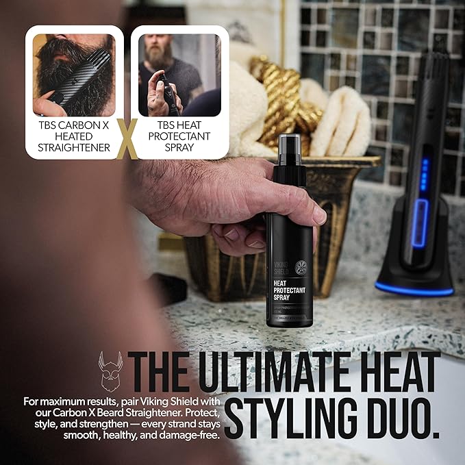 Beard & Hair Heat Protectant Spray - Viking Shield Beard Spray for Men, Protects Hair from Heat Damage of Straightener and Styling - Argan Oil Thermal Protector Spray - Protect Up To 450º F - 4 Fl Oz