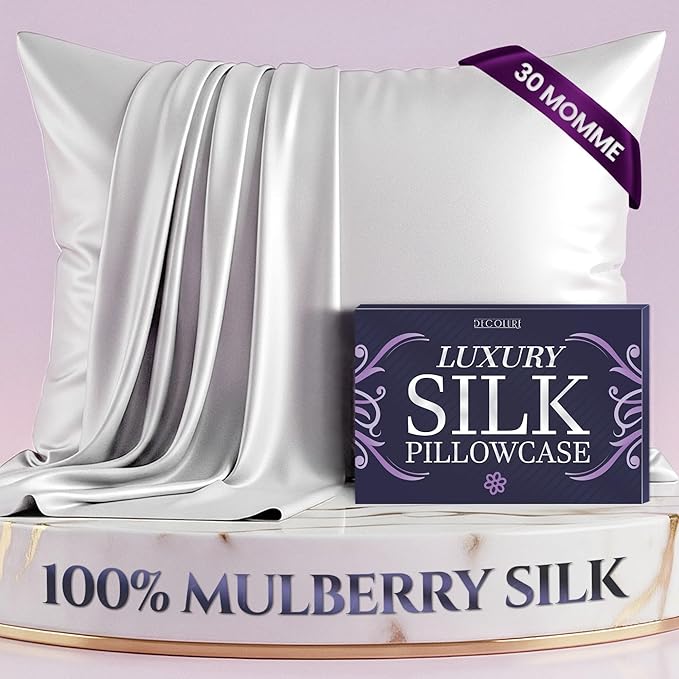 DECOLURE 100% Pure Mulberry Silk Pillow Case Standard Size – Highest Grade 30 Momme 6A+, Luxuriously Soft & Cooling Silk Pillowcase for Hair & Skin, Hypoallergenic, Breathable, Hidden Zipper (White)