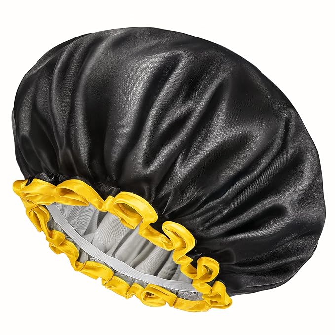 mikimini Black Shower Caps for Women Men & Girls 2 Packs, Reusable, Double Layers Waterproof Bathing Shower Hat with Soft Comfortable PEVA Lining, non-fading, Stretchy Shower Cap