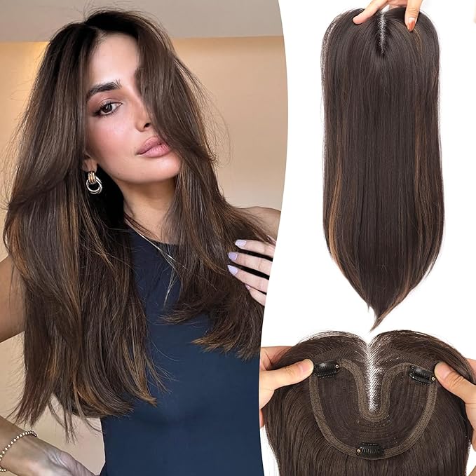 Dark Brown with Caramel Highlights Synthetic Hair Toppers for Women with Thinning 3D 360° Cover Clip in Wispy Bangs Upgraded Adjustable Bandage 18 Inch Long Layered