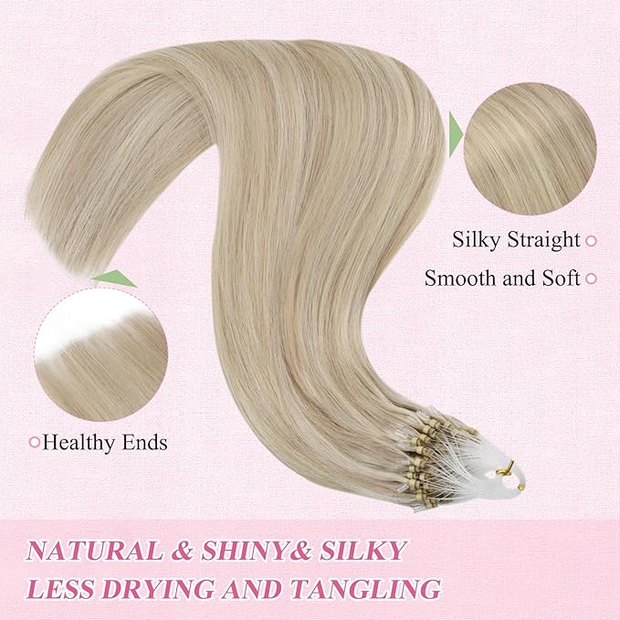 YoungSee Microlink Hair Extensions Human Hair Blonde Micro Beads Hair Extensions Ash Blonde Highlight Bead Hair Extension Real Human Hair 16 Inch Invisible Cold Fusion Hair Extension 50g 50s