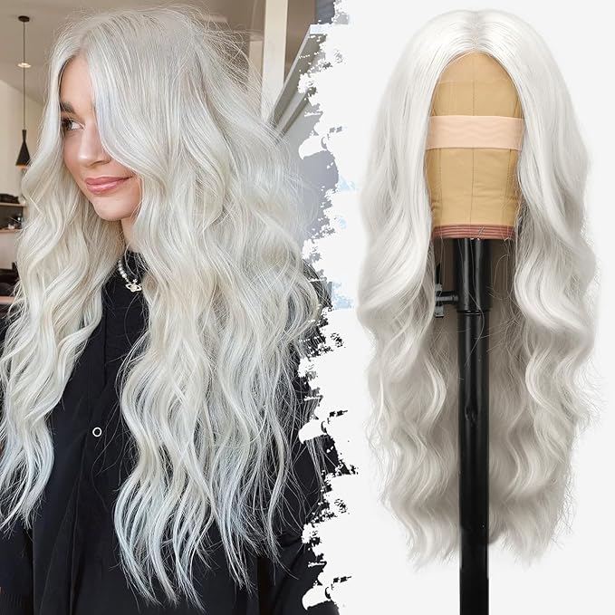 Wig for Women Long Wavy 4x1 Lace Natural Hairline Glueless for Beginners Middle Part Synthetic White for Daily Party Use 26Inch