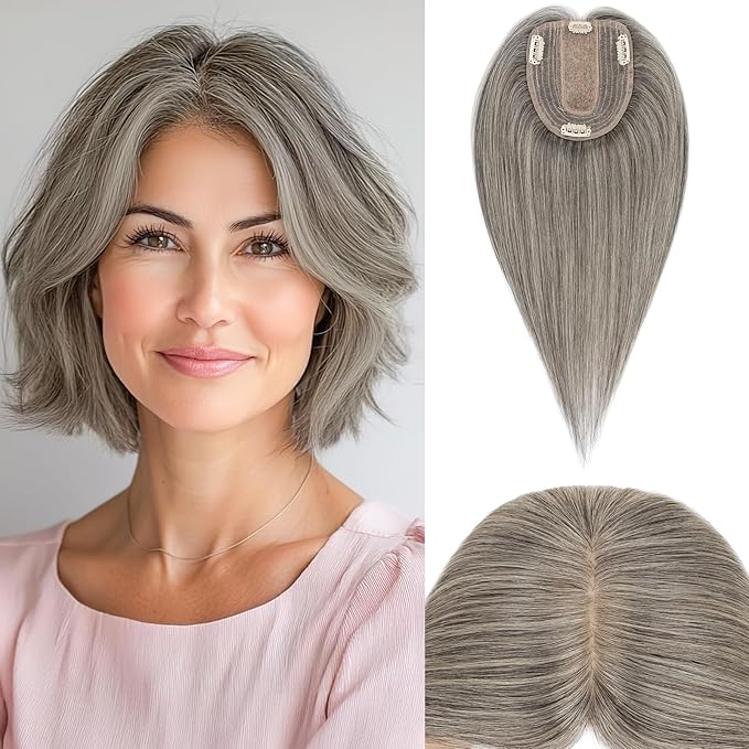 Rich Choices Hair Toppers for Women Real Human Hair 100% Human Remy Toppers NO Bangs for Women with Thinning on Top Clip in Hairpiece 4"x4.7"Lace Base 10 Inch Salt and Pepper G2 Sliver