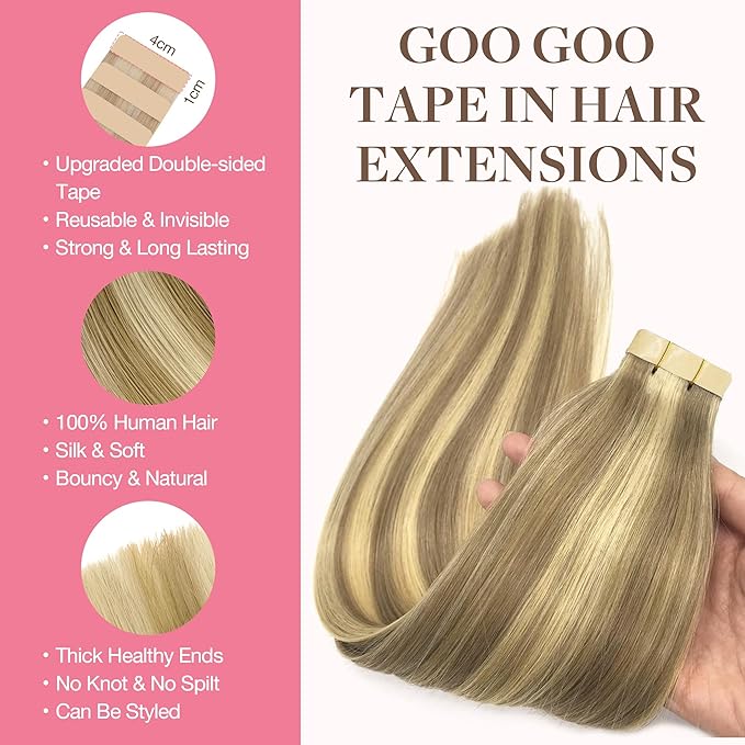 GOO GOO Tape in Hair Extensions Human Hair, 16/22 Light Blonde Highlighted Golden Blonde, 10inch 30g 20pcs, Skin Weft Seamless Invisible, Silky Straight with Thick Ends, Remy Human Hair