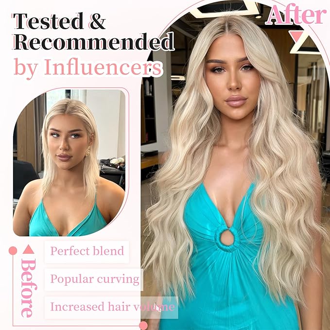KooKaStyle Clip in Long Wavy Synthetic Hair Extension 20 Inch Pearl Blonde 4PCS Thick Hairpieces Fiber Double Weft Hair for Women