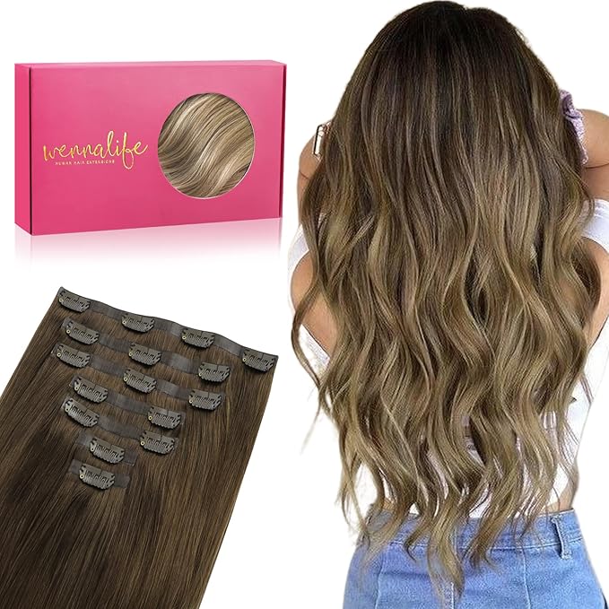 WENNALIFE Seamless Clip In Hair Extensions, 18 Inch 7pcs 130g Ombre Walnut Brown to Ash Brown and Bleach Blonde, Invisible PU Weft Natural Real Human Hair Extensions