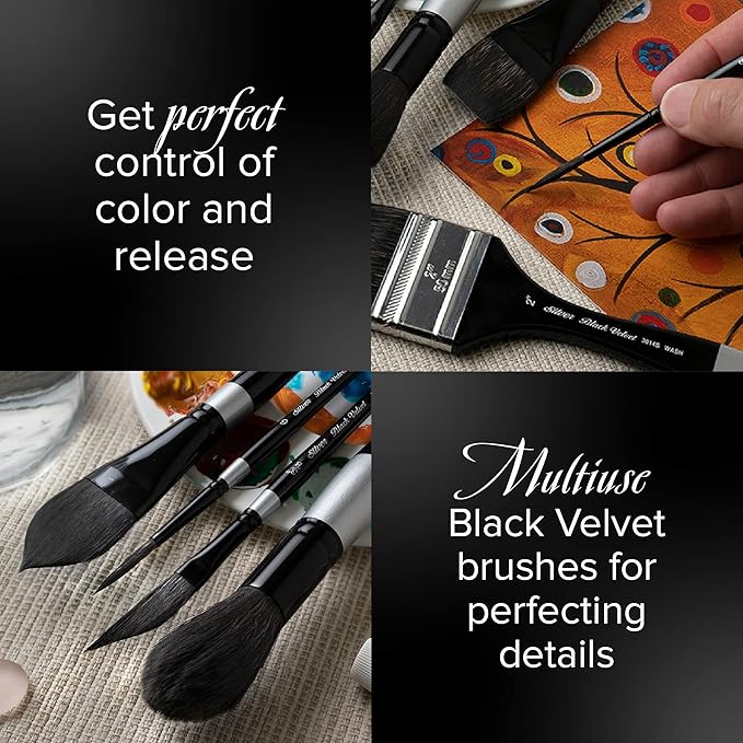 Silver Brush Limited WC-3202S Black Velvet Professional Watercolor Set, Set of 4, Size 8 Round, Size 8 Script Liner, Sizes 3/4 and 1 Inch Flat Wash Paintbrushes, Short Handle