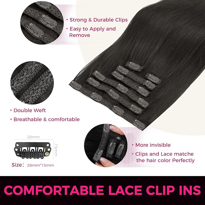 Lashey Clip in Hair Extensions Human Hair, 7pcs 120g #1B Natural Black Hair, 24 Inch Clip in Hair Extensions Real Human Hair Long Straight Clip Ins for Black Women