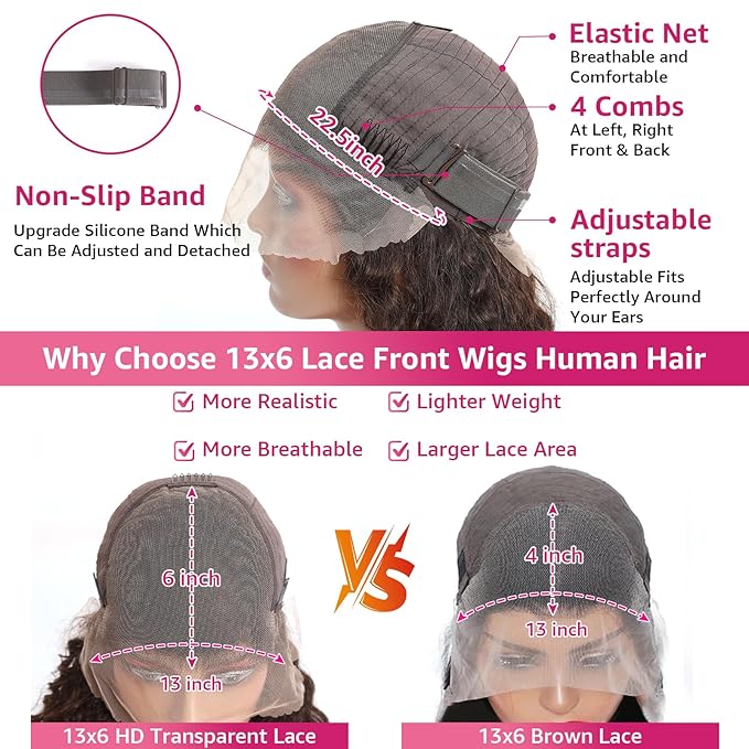 13x6 Deep Wave Lace Front Wigs Human Hair Chocolate Brown 200 Density HD Lace Front Wigs Human Hair Curly Wig Pre Plucked Human Hair Glueless Frontal Wigs with Baby Hair (34 Inch)