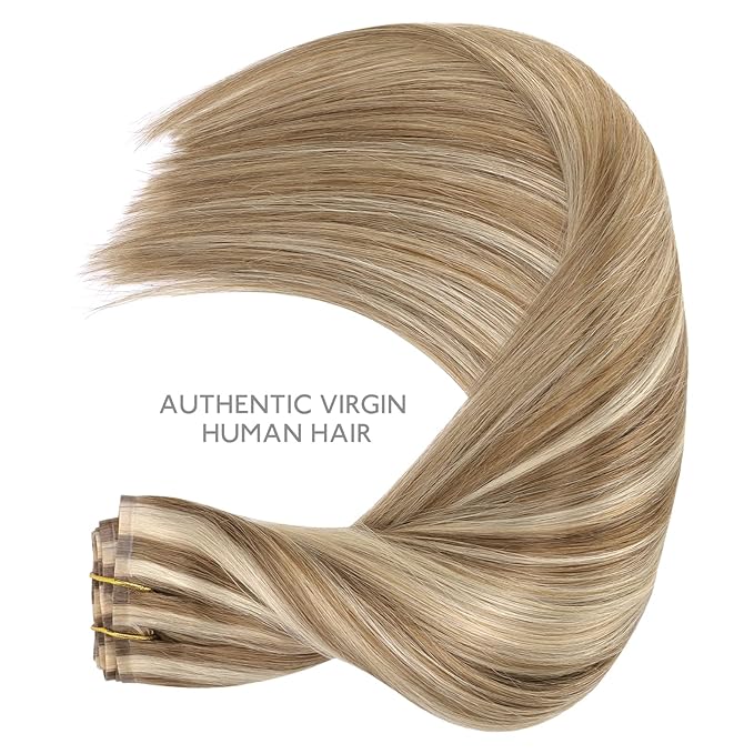 WENNALIFE Seamless Clip In Hair Extensions, 20 Inch 7pcs 150g Ash Brown Highlighted Golden Blonde Hair Extensions Clip In Real Human Hair Extensions Clip In Invisible PU Weft Human Hair Extensions