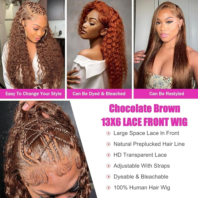 Anderah Chocolate Brown Deep Wave Lace Front Wigs Human Hair 200 Density 13x6 HD Lace Frontal Wigs Curly Human Hair Wig For Women Pre Plucked with Natural Hairline 4# Brown Color (26inch)