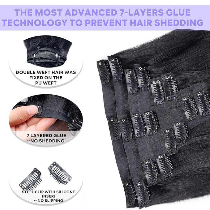Seamless Clip in Hair Extensions Real Human Hair Straight Remy Human Hair Clip in Extensions for Women, Natural Soft Silk Straight Human Hair PU Thin Weft 8Pcs 120g 20inch #1B Natural Black