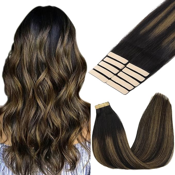 GOO GOO Tape in Hair Extensions Human Hair, 1B/6/1B Balayage Natural Black to Chestnut Brown, 18inch 25g 10pcs, Skin Weft Seamless Invisible, Silky Straight with Thick Ends, Remy Human Hair