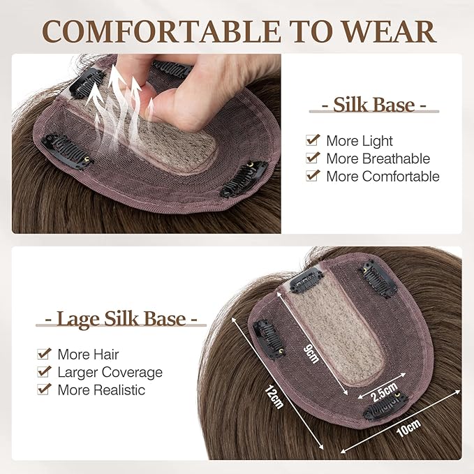 Rich Choices Hair Toppers for Women Real Human Hair 100% Human Remy Toppers NO Bangs for Women with Thinning on Top Clip in Hairpiece 4"x4.7"Lace Base 10 Inch #2R Chocolate Brown
