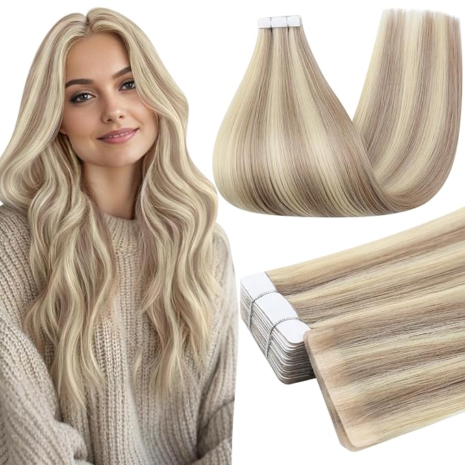Full Shine Injected Remy Tape in Human Hair Extensions 18 Inch Color 18/613 Ash Blonde and Light Blonde Injection Double Sided Tape in Hair Extensions Skin Weft 50 Grams 20 Pcs for Wedding