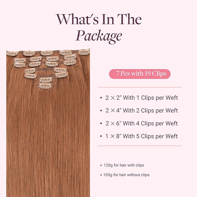 GOO GOO Clip in Hair Extensions Real Human Hair, Remy Human Hair Extensions Clip ins for Women, Natural Human Hair, 18inch 120g 7 Pcs, #330 Cinnamon Terra Copper