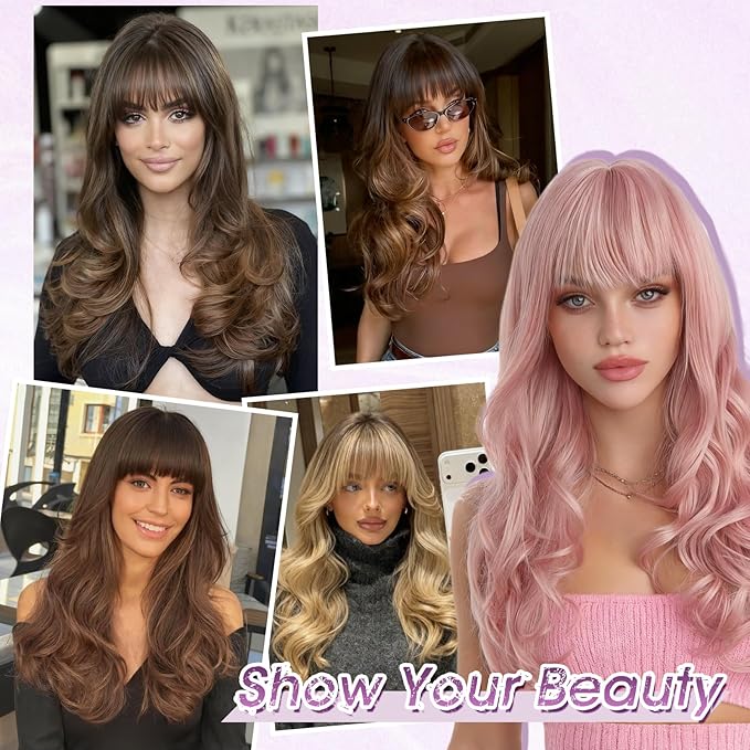 Haloo Brown Blonde Wigs with Bangs Long Wavy Layered Haircut Natural Looking Fluffy Synthetic Heat Resistant Hair Wig for Women Daily Party, 24 Inch Brown Mixed Blonde