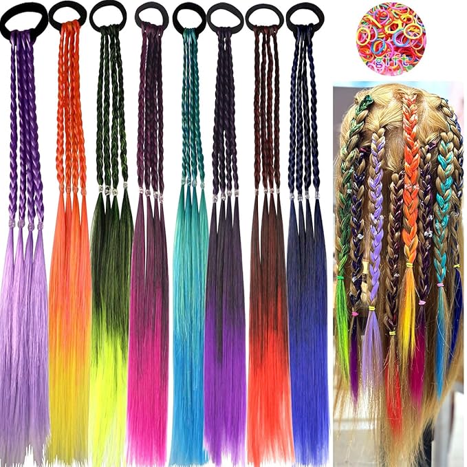 Colored Braids Hair Extensions with Rubber Bands Rainbow Braided Synthetic Hairpieces Ponytail Hair Accessories for Women Kids Girls Party Highlights Cosplay Dress Up (8PCS D Style)