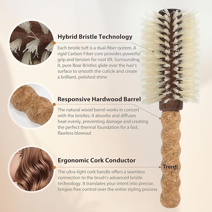 Professional Boar Bristle Round Brush for Blow Drying | 2.75" Large Volume Barrel | Ultra-Light Cork Handle | Volumizing & Smoothing Tool for Fine, Thin Hair | Salon Blowout Results