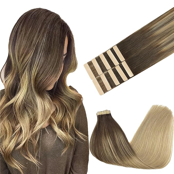 GOO GOO Tape in Hair Extensions Human Hair, 4/18 Balayage Chocolate Brown Highlighted Dirty Blonde, 16inch 25g 10pcs, Skin Weft Seamless Invisible, Silky Straight with Thick Ends, Remy Human Hair