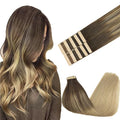 GOO GOO Tape in Hair Extensions Human Hair, 4/18 Balayage Chocolate Brown Highlighted Dirty Blonde, 18inch 25g 10pcs, Skin Weft Seamless Invisible, Silky Straight with Thick Ends, Remy Human Hair