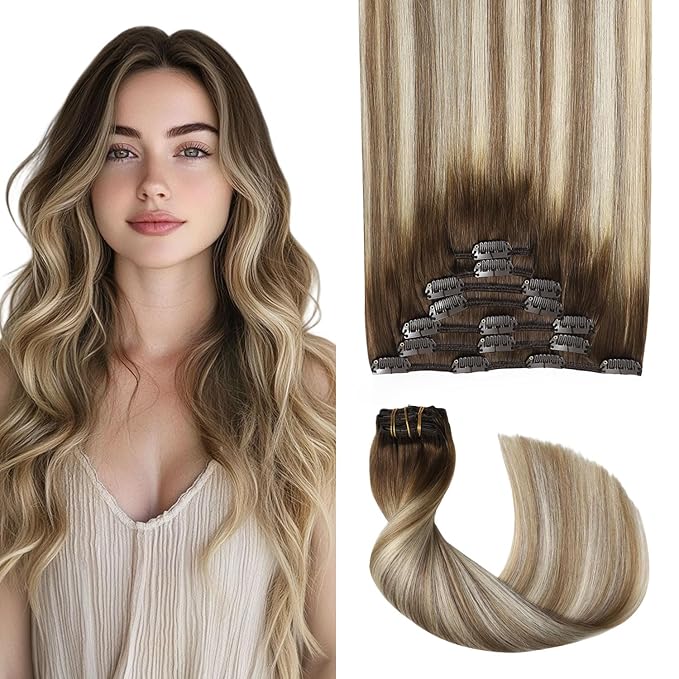 Pro2.0 Clip in Hair Extensions Real Human Hair 22inch 7pcs #3/8/22 Walnut Brown to Ash Brown and Golden Blonde Real Hair Extensions Clip in Human Hair 120g（#3/8/22-22inch）