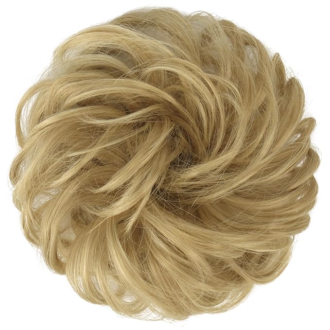 FESHFEN Messy Bun Hair Pieces - Large Wavy Curly Elastic Hair Bun Scrunchies Ponytail Extensions Synthetic Chignon Hairpieces for Women, Golden Blonde 1.94oz