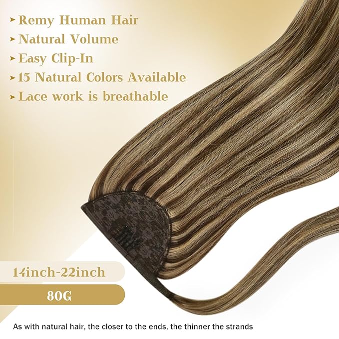 Ve Sunny Hair Extensions Ponytail Real Human Hair Wrap Around Clip in Ponytail Hair Extensions Straight Extensions Human Hair for Women Medium Brown Highlighted Caramel Blonde 16inch 80G 80G