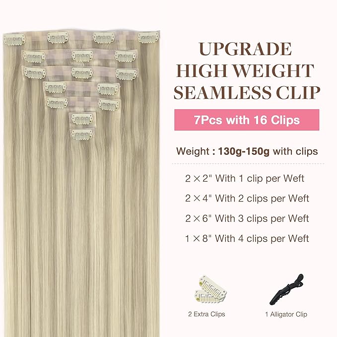 GOO GOO Clip in Hair Extensions Real Human Hair, Remy Human Hair Extensions Clip ins for Women, Natural Human Hair, 22inch 160g 7Pcs, #17A/60A Ash Blonde Highlighted Platinum Blonde