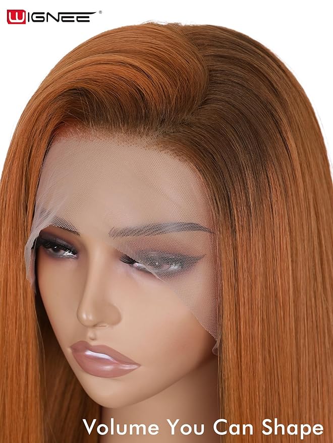 WIGNEE 13x6 Synthetic Lace Front Wig 28" Long Straight Wig Ombre Ginger Synthetic Wigs for Black Women Pre-Plucked Glueless Wig for Daily Party Use