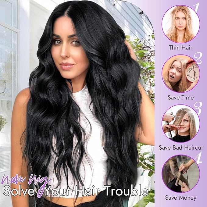 Black Wig for Women Long Wavy 4x1 Lace Natural Hairline Glueless for Beginners Middle Part Synthetic for Daily Party Use 26Inch