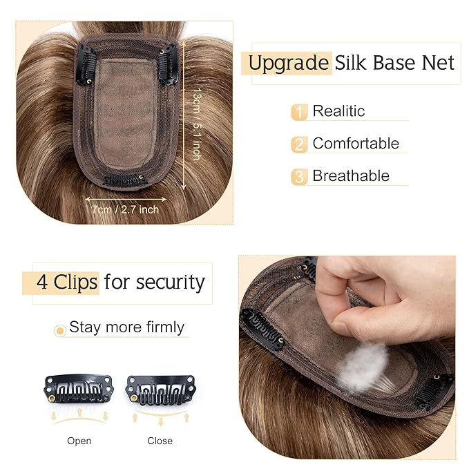 SEGO Hair Toppers for Women Real Human Hair With Bangs, 7 * 13CM Silk Base 100% Remy Human Hair Clip in Top Wiglet Hairpieces Add Volume -12 Inch Medium Brown&Dark Blonde