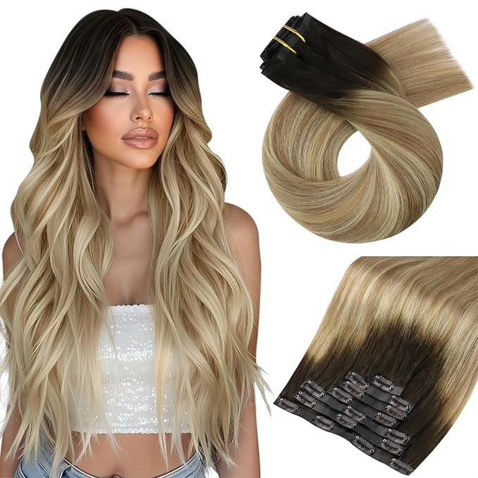 Moresoo Seamless Clip ins Human Hair Balayage Brown to Blonde Clip in Hair Extensions Real Human Hair Light Brown with Medium Blonde Pu Skin 120g/7pcs 16 inch