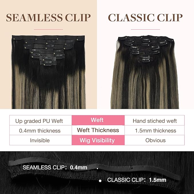 GOO GOO Clip in Hair Extensions Real Human Hair, Remy Human Hair Extensions Clip ins for Women, Natural Human Hair, 16inch 130g 7Pcs, 1B/16/1B Balayage Natural Black to Light Blonde
