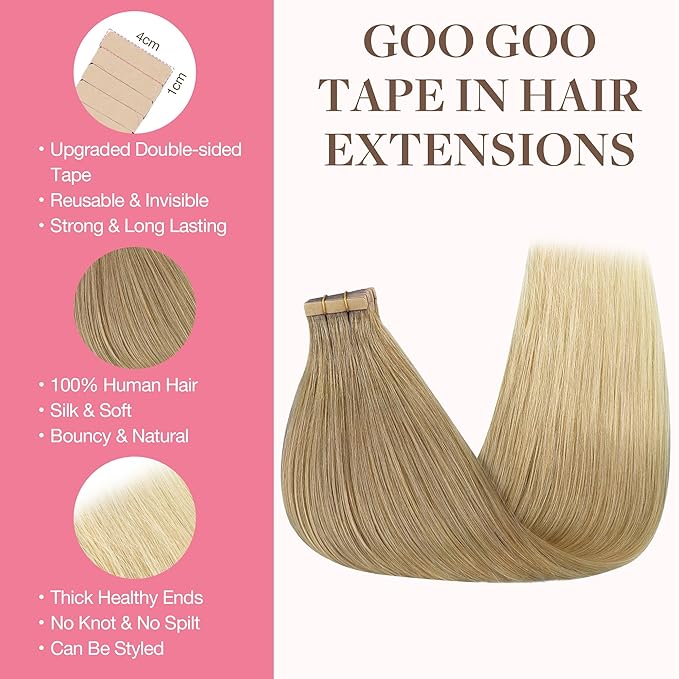 GOO GOO Tape in Hair Extensions Human Hair, O18G/22G(L) Golden Beige Blonde with Ash Highlights, 18inch 50g 20pcs, Skin Weft Seamless Invisible, Silky Straight with Thick Ends, Remy Human Hair