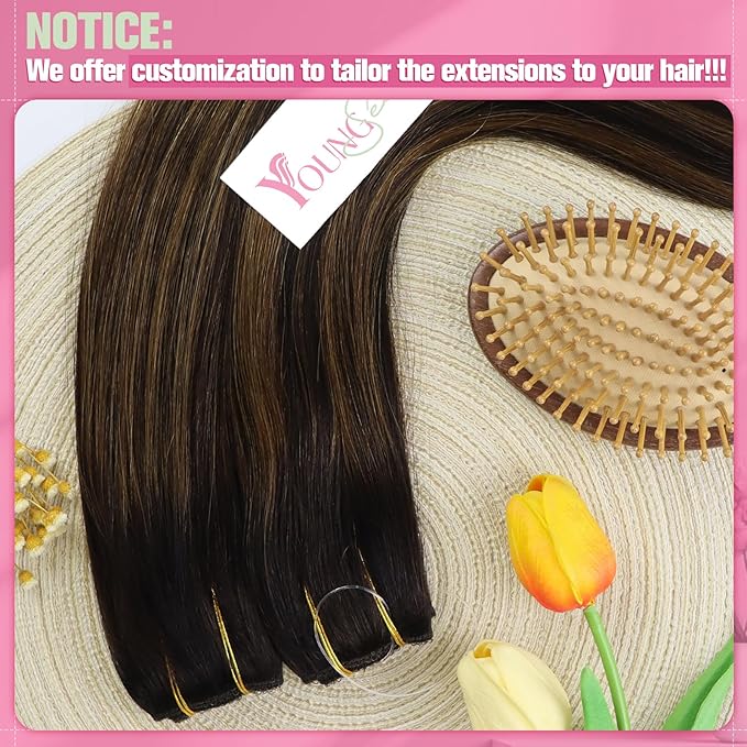 YoungSee 120G Human Hair Wire Extensions Balayage Invisible Wire Hair Extensions Darkest Brown Balayage Medium Brown Fish Line Extensions Hair Easy to Use 18Inch