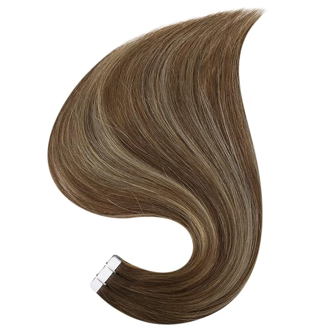 Full Shine Tape in Hair Extensions Human Hair 18Inch Medium Brown Fading to Brown Highlight 4/24/4 Invisible Tape in Hair Extensions 20Pcs Remy Straight Hair Extensions Tape in 50Grams
