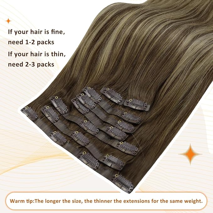 Full Shine Clip in Human Hair Extension Brown to Honey Blonde Mix Brown Seamless Hair Extensions Straight Remy Hair With PU Weft 8 Pcs 120 Grams 22 Inch