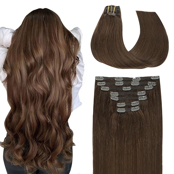 Clip in Hair Extensions Real Human Hair, SURNEL Chocolate Brown Real Human Hair Extensions Clip in Straight Remy Hair Extensions 140g 7pcs 14 Inch Hair(#4-14'')