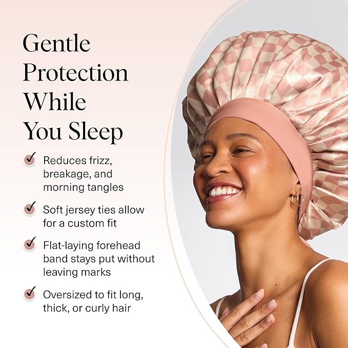 Kitsch XL Satin Bonnet for Sleeping - Softer Than Silk Hair Bonnet For Women - Secure Fit, Adjustable Night Cap For Curly & Textured Hair - Prevents Breakage, Tangles & Thinning - Terracotta Checker