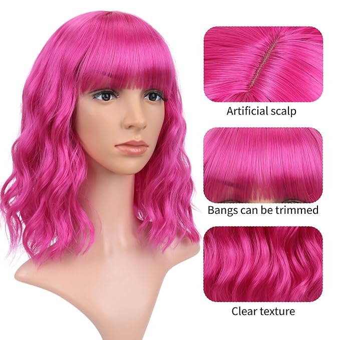 FAELBATY Short Curly Wavy Hot Pink Wigs with Air Bangs Shoulder Length Wig for Women Synthetic Halloween Cosplay Costume for Girl (12" Hot Pink)